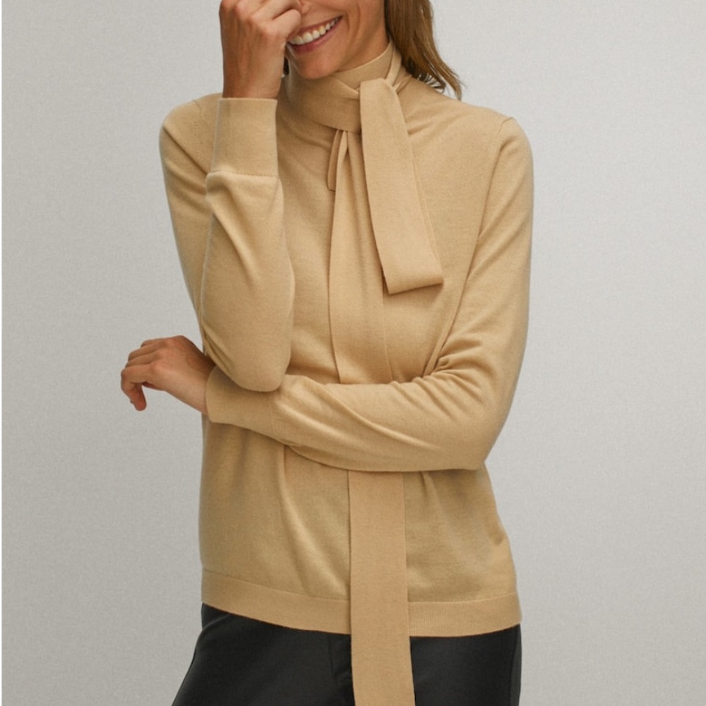 NWT Massimo Dutti Silk and Wool Blend Sweater with Tie Detail - Small, Camel